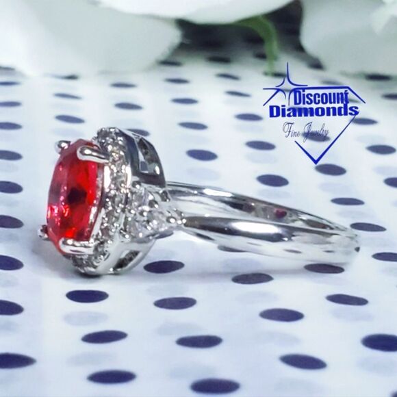Oval Red Ruby Ring with Clusters of White Baguette Diamonds on 925 Silver - Picture 6 of 10